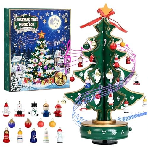 Adventskalender 2025, Musik Weihnachtsbaum aus Holz - Zierschmuck mit 24 Mini Weihnachtsschmuck und 1 Stern Baumkrone, Advent Calendar 2025 Musical Wooden Christmas Tree with Classic Music Box