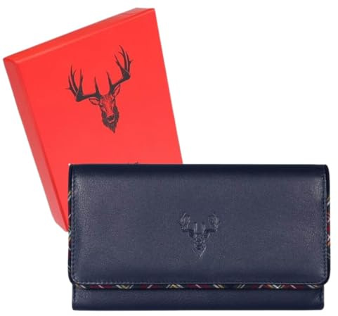 Braemar Stag Flap Over Matinee Purse by Mala Leather – RFID Protected – Soft Genuine Leather, Gift-Boxed,Tartan Trim & Country-Inspired Design – Navy or Black – 19 × 10 × 2.5 cm (Navy)