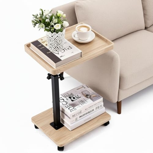 Bohodiy C Table End Table Adjustable Height,C Shaped End for Couch，Snack Tables,360°Swivel TV Tray Sofa Table,Tables That Slide Under,Coffee SideTable for Bed,Chair,Bath-tub (Solid Wood Color)