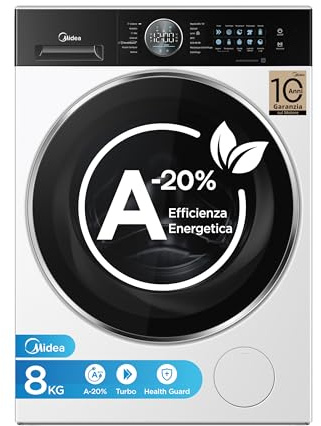 Midea Lavatrice 8 kg Classe A-20% 1400 Giri Silent Inverter Motor | Power Mix, Turbo Wash, Vapore e Pannello Touch per Famiglie e Lavaggi Quotidiani MF21EW80B