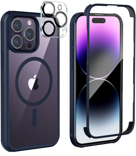 Leedia Kompatibel mit Magsafe iPhone 14 Pro Hülle 360 Grad Schutz Blau | Ganzkörper Schutzhülle mit Eingebauter Panzerglas Displayschutz Stoßfest Case Handyhülle für iPhone 14 Pro 6.1