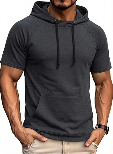 COOFANDY Men's Short Sleeve Hoodie Gym Pump Cover with Pocket | Stretch fit, Breathable, Moisture-wicking, Short sleeve, Drawstring hood, Kangaroo pocket