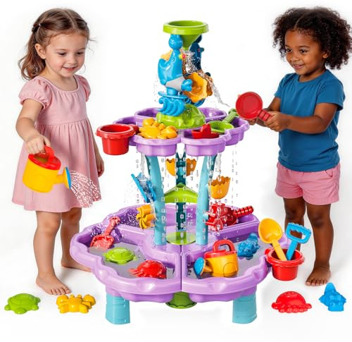 deAO Sand and Water Table Set, Purple Multi-Tier Fountain Play Toy with Buckets, Scoops, Sea Creature Toys, Sensory Water Play Table, Summer Outdoor Beach Garden Toy for Kids 3-12 Years