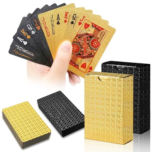 dabinzhijia 2 Stück Wasserfest Spielkarten, Hochwertige Diamant Spielkarten in Gold und Schwarz, 2 Kartendecks mit 54 Blatt, Langlebig für Poker, Blackjack und Reisent