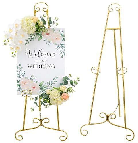 Golden Scroll Metal Easel Stand for Display, Adjustable Height Wedding Easel for Signs & Canvas, Tube Scroll Design Photo Frames & Home Decor, Event Showcase Stand
