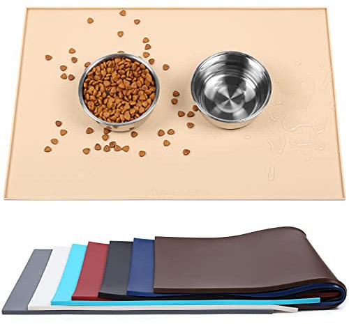 VIVAGLORY Dog Food Mat, Cat Dog Feeding Mat, Waterproof Non-Slip Food Grade Silicone Mat Placemat with Raised Edge, Anti-Messy Pet Bowl Mat for Food and Water, Khaki, L(60x40cm)