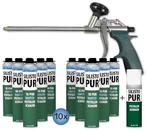 SILISTO PUR 1K Winter Pistolenschaum 10x 750 ml mit Pistole und Reiniger – Profi-Montageschaum, Verarbeitbar bis −10 °C, hohe Ausbeute, B2, Fenster- & Türeninstallation, Hohlraum-Füllung & Abdichtung