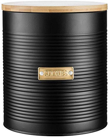 Typhoon Retro Sleek Design Embossed Stripe Stainless Steel Tea Coffee Sugar Cookie Bread Bin Storage Jar Canister Wooden Bamboo Lid Otto Black (Cookies)
