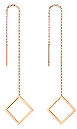 Flongo Damen Stäbchen Durchzieher Ohrringe Lange Quaste Einfädler Ohrringe Frauen Ohrhänger Ohrstecker Ohrkette Ohrseil mit Karo Rahmen Anhänger Rosegold