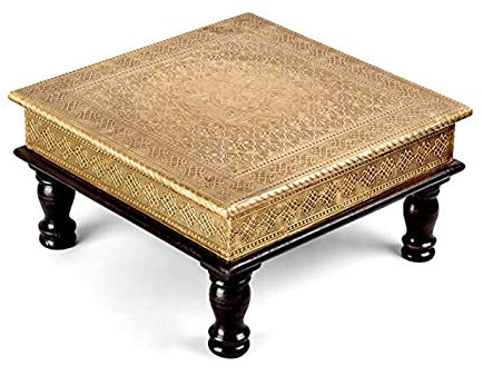 NZTrader 38,1 x 38,1 x 16,5 cm Messing und Holz Indischer Chowki Niedriger Hocker Ottomane Bajot Temple Hocker Golden Niedrig Hocker Indische Möbel Fußhocker Niedriger Tisch