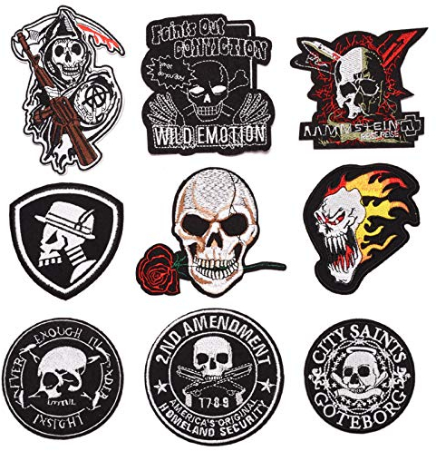 NAMIS Schädel Aufnäher Patches Biker Aufnäher STK Patch Sticker Patches Zum aufbügeln Skull Aufnäher Biker Patch für Frauen,Erwachsene,Kleidung,Jacken,Jeans(9 Stück)