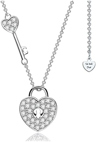 Halskette Damen Silber 925 / Gelbgold Rosegold vergoldet Herzkette mit Schlüssel Damenkette Kette Ich Liebe Dich Silberkette Anhänger Schmuck Jahrestag Geschenke Frauen Freundin (Sterling Silber 925)