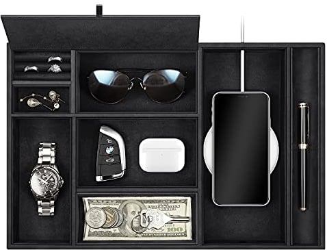 SITHON Taschenleerer Tisch Organizer, 8 Fäche Tablett Organizer Ablage Aufbewahrungsbox Kunstleder Nachttisch Kosmetiktablett Nachttisch Münzbox Schlüssel Schmuck Organizer, (Schwarz)