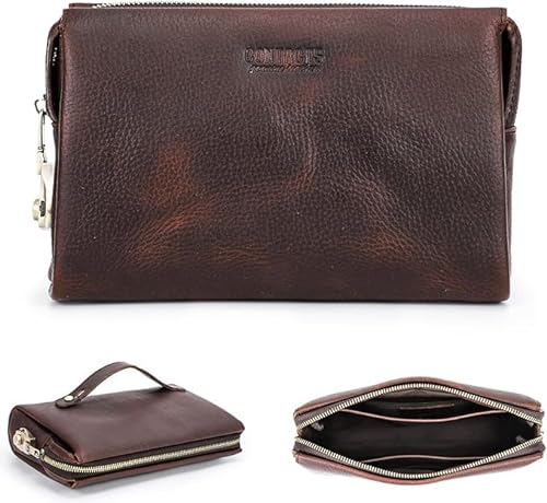Contacts Pochette da uomo in vera pelle per carte d'identità, grande capacità, con blocco antifurto, da viaggio, passaporto, telefono, borsa a mano con cinturino da polso, Rosso-marrone., Taglia unica