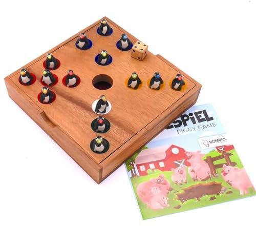 ROMBOL Ferkelspiel - Das Würfelspiel mit den süßen Tierfiguren für die ganze Familie inkl. praktischem Verschlussband, Ferkelspiel Varianten:Pinguin