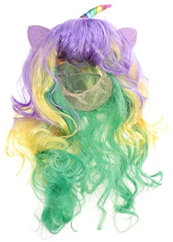 Toddmomy Einhorn Perücke Regenbogenperücke Mit Pony Perücke Mit Horn Cosplay Lockige Perücke Ohr-cosplay Kostüm-requisiten Welliges Haar Damen Perücken Stirnband Langes Chemische Faser Kind