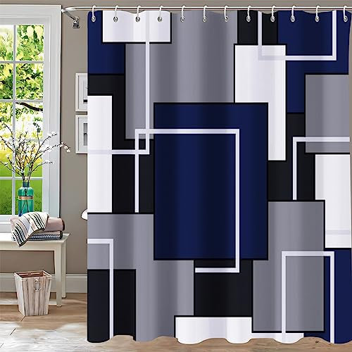 YiarTaan Navy Blue Shower Curtain,Shower Curtains for Bathroom,Mid Century Modern Geometric Shower Curtain Sets,Abstract Navy Black Grey Square White Bath Curtain,Waterproof Fabric Backdrop 72 x 72