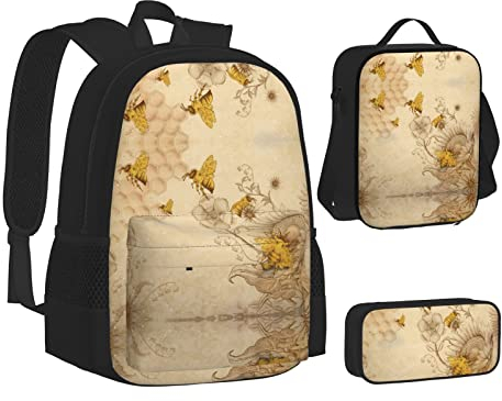 Grass Pot Leaf Backpack School Bookbags Set Lunch Bag Pencil Case School Backpacks for Teen Girls Boys, Rural Honey Bees
