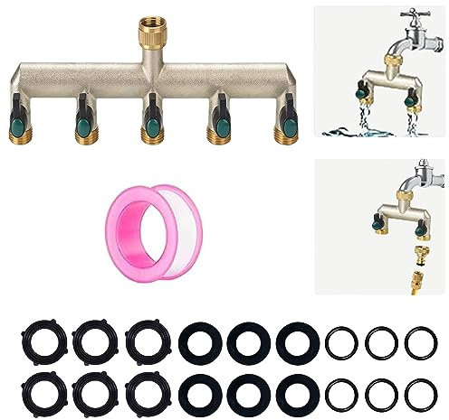 ATBEAMEN 3/4 5 Way Brass Garden Outside Tap Splitter - 5 Way Hose Manifold with On/Off Valves,Outdoor Faucet Splitter Adapter,Utility Hose Connector,with Waterstop and Rubber Washers