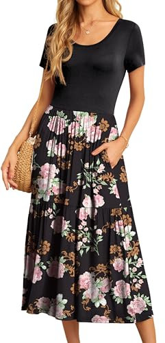 GRECERELLE Womens Summer Maxi Dress Casual Short Sleeve Crew Neck Swing Flowy Tiered Party Dresses with Pockets for Weddings, Holidays (FP Rose Black, L)
