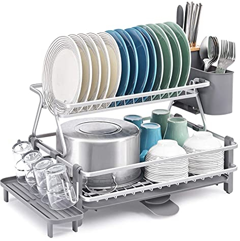 Partición flotante Escurridor de platos de 2 niveles, Escurridor de platos de aluminio, Escurreplatos de gran capacidad, Escurreplatos de cocina con escurridor giratorio de 360°, Caño extensible, So
