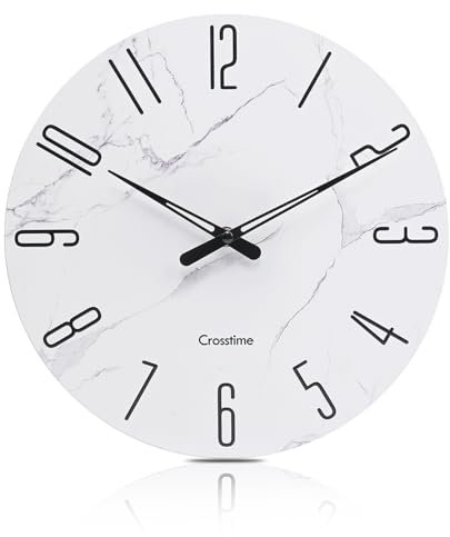 Wanduhr, moderne Badezimmer-Wanduhren, batteriebetrieben, Marmor-weiße Glasuhr, dekorativ für Küche, Büro, Zuhause, 30,5 cm, wasserdicht