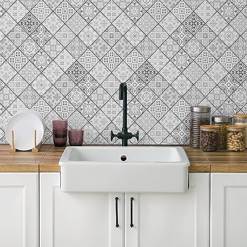 CREARREDA Panneau de Cuisine Anti-éclaboussures, Autocollant Mural Facile à appliquer, Motifs Carreaux d’étain, 190 x 60 cm, 100% fabriqué en Italie, en PVC, Ignifuge et résistant à l’Eau, pour évier