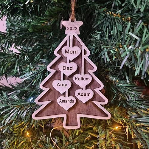 Albero di Natale in legno personalizzato, con incisione, ornamento da appendere, con nomi di famiglia, albero di Natale per bambini, Capodanno (1,10 cm)