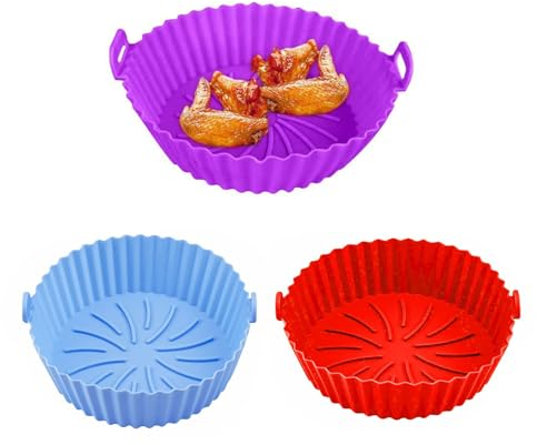 HQQGMINL 3 Stück Air Fryer Silicone Baking Tray,antihaft air Fryer Basket Silicone,wiederverwendbar,leicht zu reinigen,öl- und hochtemperaturbeständig240℃,for Baking Cooking Food(blau/lila/rot)