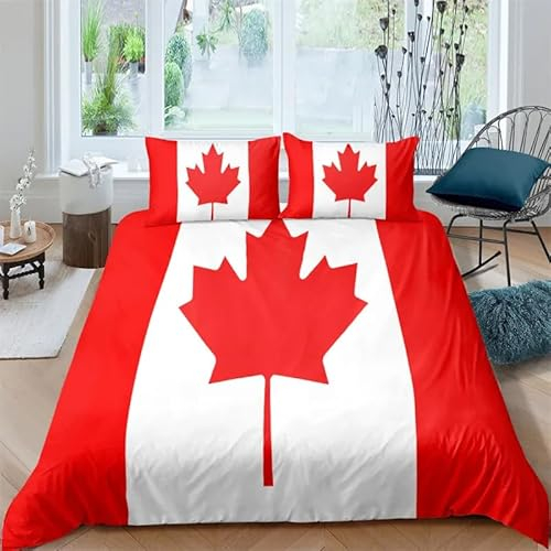 Bettwäsche 135x200 Kinder Kanada-Flagge Bettwäsche Set 3 Teilig, Mikrofaser Bettbezug 135 x 200, 3D Muster Bettbezüge mit Reißverschluss Schließung und 2 Kissenbezug 80x80 cm