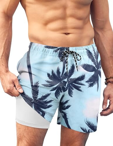 AI'MAGE Pantaloncini da Bagno da Uomo con Fodera a Compressione 2 in 1 Costume Uomo Mare da Bagno Quick Dry Board Short Palme M