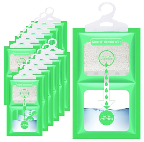 Wardrobe Dehumidifier Bag 12 Pack Moisture Absorbers, Hanging Interior Ideal to Stop Damp & Condensation for Wardrobe, Cupboard, Home, Kitchen, Garage, Bedroom, Caravan, Office, Basement - 1200G Total