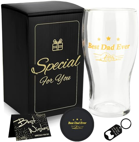 TOONGEEN Pint Beer Glasses Birthday Gifts for Dad, Personalised Fathers Day Gift Ideas, Unique 5Pcs Large Dad Gifts Set from Daughter, Son, 560ml(19Oz)