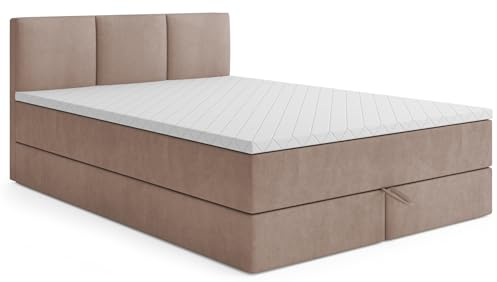 MRGROUP Boxspringbett mit Bettkasten RYGA 160 x 200 cm, Samtstoff, Polsterbett mit Bonell-Matratze und Topper, Doppelbett mit Stauraum, Bett für Schlafzimmer, Gepolstertes Kopfteil, H3, beige