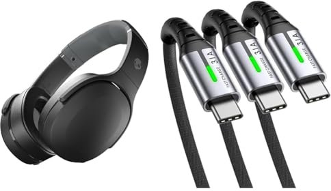Skullcandy Crusher Evo Over-Ear Wireless Headphones with Sensory Bass, 40 Hr Battery, Microphone & INIU USB C Charger Cable, [3 Pack, 2+2+0.5m] USB A to USB C Cable 3.1A Fast Charging