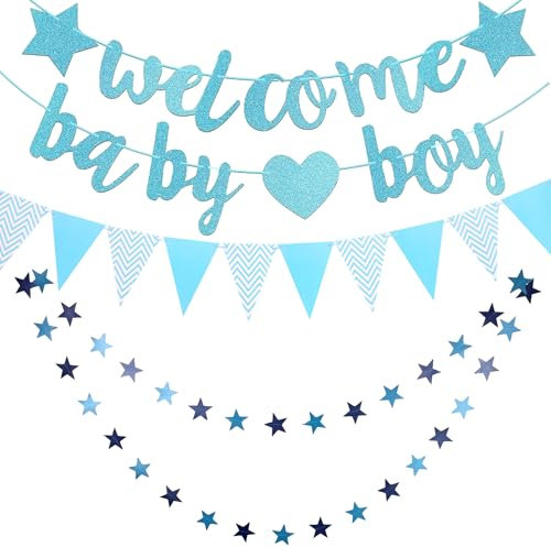 Willkommen Zuhause Baby Deko Junge - Blau Welcome Home Baby Boy Banner, Wimpelkette und Hängend Stern Papier Girlande, Herzlich Wilkommensdeko Babyparty Baby Shower Dekoration