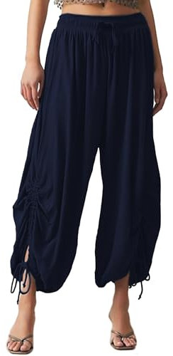 ISZPLUSH Ballon-Jogginghose für Damen, hohe Taille, Kordelzug, weites Bein, legere Palazzo-Hose, Marineblau, M