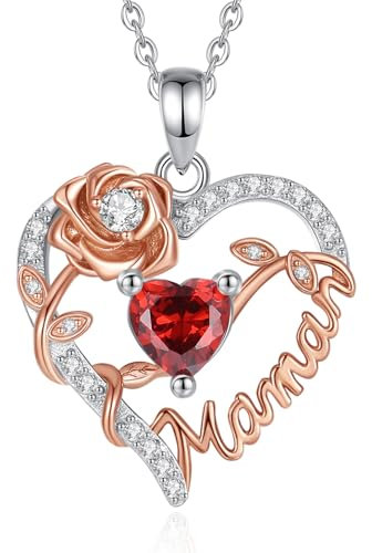 EUDORA Harmony Ball Heart Maman Collier pour Femme en Argent Sterling S925, Collier Maman Roses avec Pendentif cœur Grenat, Bijoux Maman Cadeaux de Fête des Mères, 45,7 cm + 50,8 cm