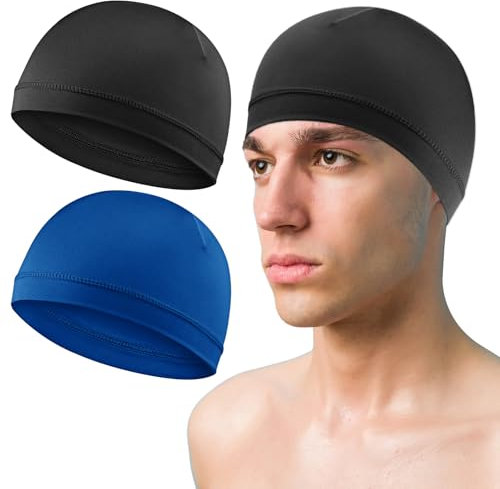 COMNICO 2 Stück Herren-Schädelkappen Beanie Multifunktionale Schlafmützen Atmungsaktive Kopfbedeckung Schweißabsorbierende Liner-Kappe für Männer und Frauen(Schwarz + Königsblau)