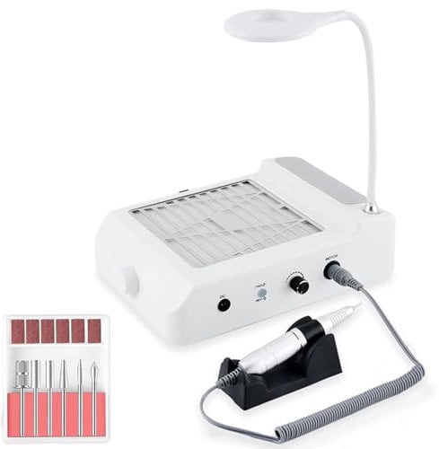 80W Nail Dust Collector, 4-in-1 Professional Nail Fan Dust Collector with Lamp & Nail Drill, Adjustable Suction and 35000RPM Speed Adjustable, Forward and Reverse Design, for Acrylic Nails Removal