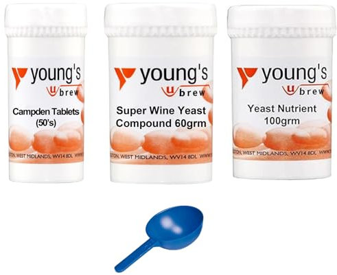 Young's Home Brewers Wine Yeast Compound with Yeast Nutrient, Campden Tablets & Serving Spoon | Suitable for Homemade Wine Making and Brewing | 60g Compound, 100g Nutrient, 50pk Tablets & 1/2 TSP