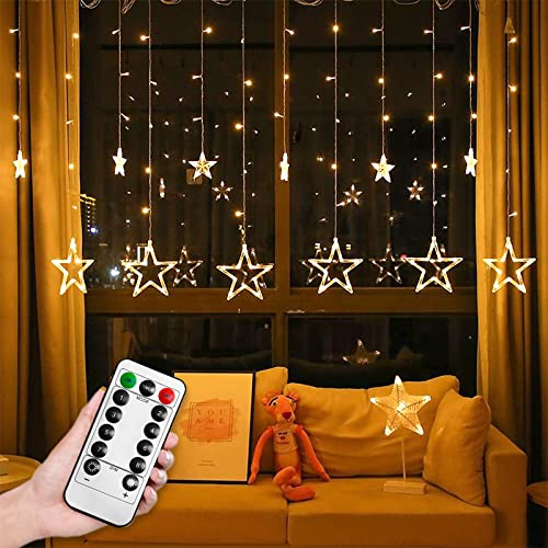 FIVMEN Sterne Lichterkette mit USB und Stecker 3 M Länge 138 LED Lichterketten Lichtervorhang Stern mit Fernbedienung 8 Modi für Party Weihnachten Hochzeit Geburtstag, Warmweiß