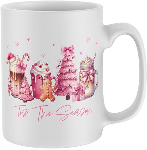 Purple Print House Tis The Season Christmas Mug Pink Autumn Coffee Drinks Festive Xmas Tree Candy Kane Bow Stocking Filler Gift Cup