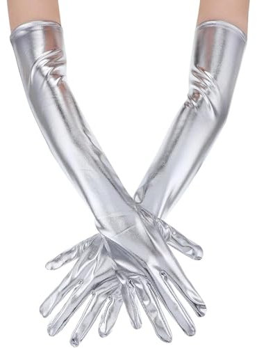 LOZTBUE 1 Paar lange Lackleder-Handschuhe, silberfarbene Halloween-Fingerlose Handschuhe, Damen-Party-Handschuhe der 1920er-Jahre, über Ellenbogen-Handschuhe, Halloween-Cosplay-Kostüm