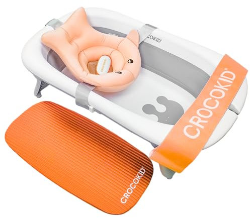 CROCOKID® Baignoire et Siège de Bain - Grande Baignoire Bébé Pliable avec Accessoires | 0 à 5 ans | Kit baignoire portable, Baignoire Bébé escamotable, Baignoire Bébé XXL + coussin - Orange