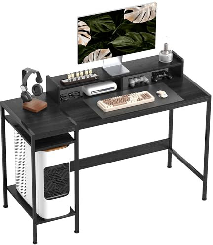 HOMCOM Scrivania PC con Scaffale Reversibili, Scrivania per Computer con Supporto per Monitor e 2 Ripiani Regolabili, Scrivania Moderna in Legno e Acciaio, 120x48x85.5 cm, Nero