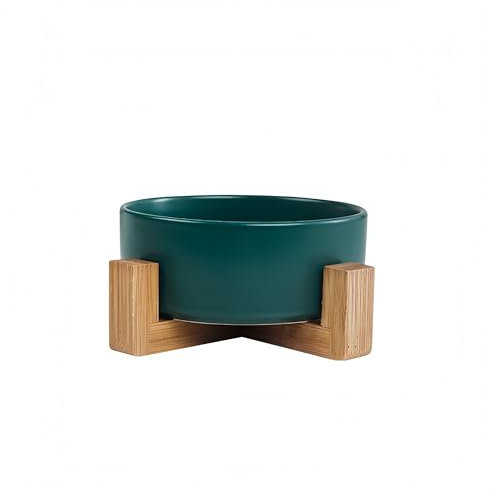 Ceramic Dog and Cat Bowl with Wood Stand, Food and Water Bowl Set for Small Cats and Large Dogs, Set for 850ml Non-Slip and No Spill Pet Bowls (Green)