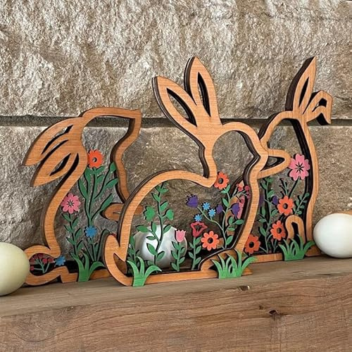 ACAREY 3 Stück Ostern Deko Figuren aus Holz, 3D Hohle Osterhasen Frühlingsdeko, Holz Osterdeko Hase Figuren, Ostern Frühling Deko Hase für Dekoration, Frühlingsdeko, Tisch Deko, Geschenk (A)