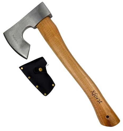 Ascia Vichinga Xforst 38 cm – Accetta Bushcraft per Campeggio, Sopravvivenza e Outdoor – Testa Forgiata Acciaio al Carbonio, Manico in Hickory Americano, Fodero in Vera Pelle, 0,86 kg – X-H6 xx