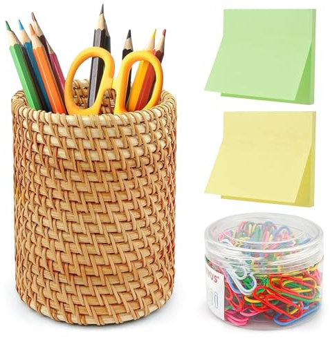 SDwfxd Lot de 2 porte-crayons en rotin multifonction en bois avec 2 paquets de notes adhésives et 120 trombones colorés pour organisateur de stylos, pinceaux, fleurs